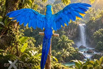 Blue parrot wings out
